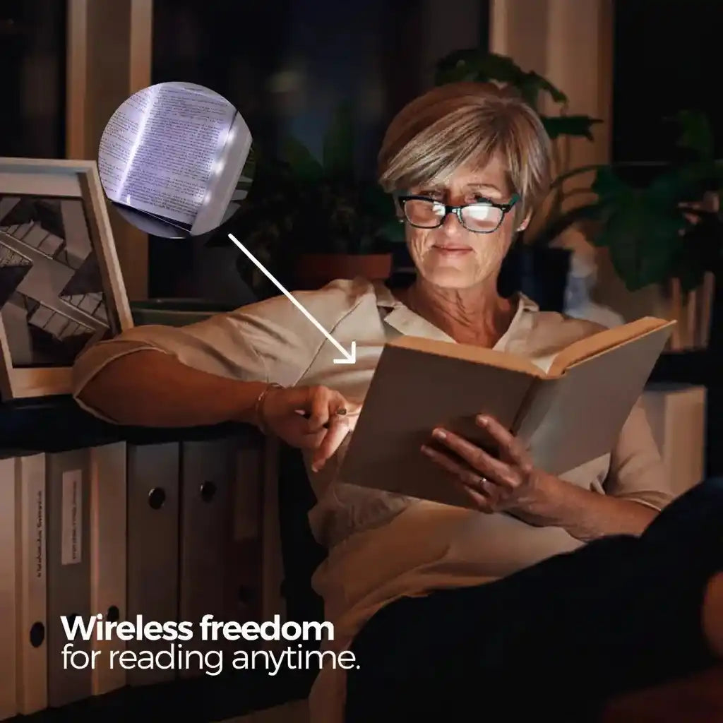 VisionGlow wireless book reading light — older woman with glasses reading in dark room with zoom detail on flat panel — wireless freedom to read anytime anywhere