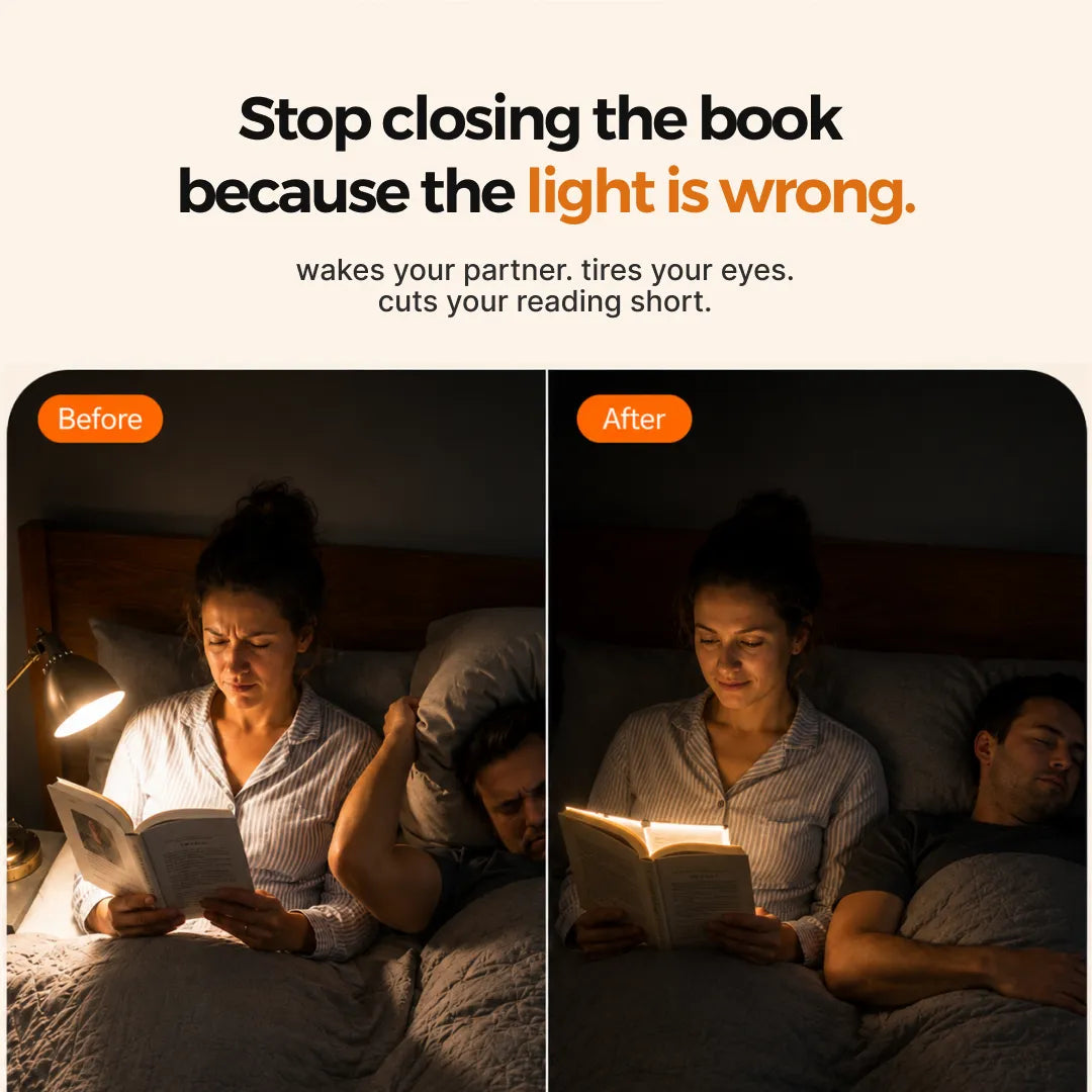 VisionGlow before and after — stop closing your book because the light is wrong — bedside lamp waking partner before vs reading light panel partner sleeping peacefully after
