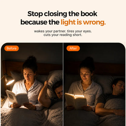 VisionGlow before and after — stop closing your book because the light is wrong — bedside lamp waking partner before vs reading light panel partner sleeping peacefully after
