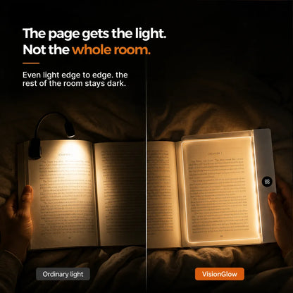 VisionGlow vs ordinary clip light comparison — the page gets the light not the whole room — even edge to edge illumination vs harsh hotspot in dark room