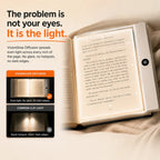 VisionGlow diffusion flat panel on open book — the problem is not your eyes it is the light — no glare no hotspot no dark edges vs common clip light comparison — cream background