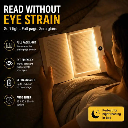 VisionGlow book reading light — read without eye strain, soft light full page zero glare — full page light, eye friendly, rechargeable 35 hours, auto timer 15 30 60 min — perfect for night reading in bed