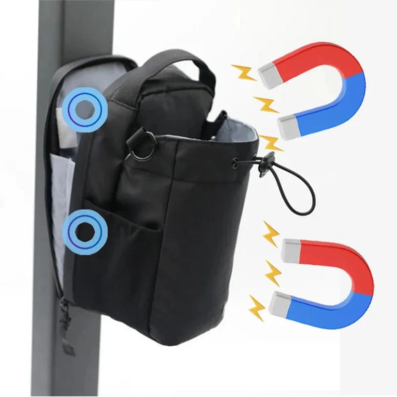 Close-up detail of the Tazzi IronGrip Gym Vault showing the 2-magnet closure mechanism — macro product shot highlighting the strong neodymium magnet design that keeps the bag securely sealed