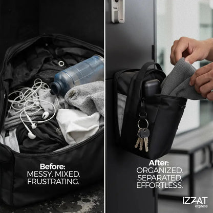 Before-and-after comparison showing a disorganized gym bag versus the Tazzi IronGrip Gym Vault perfectly organized — dramatic visual proof of the bag's superior storage and magnetic compartment system