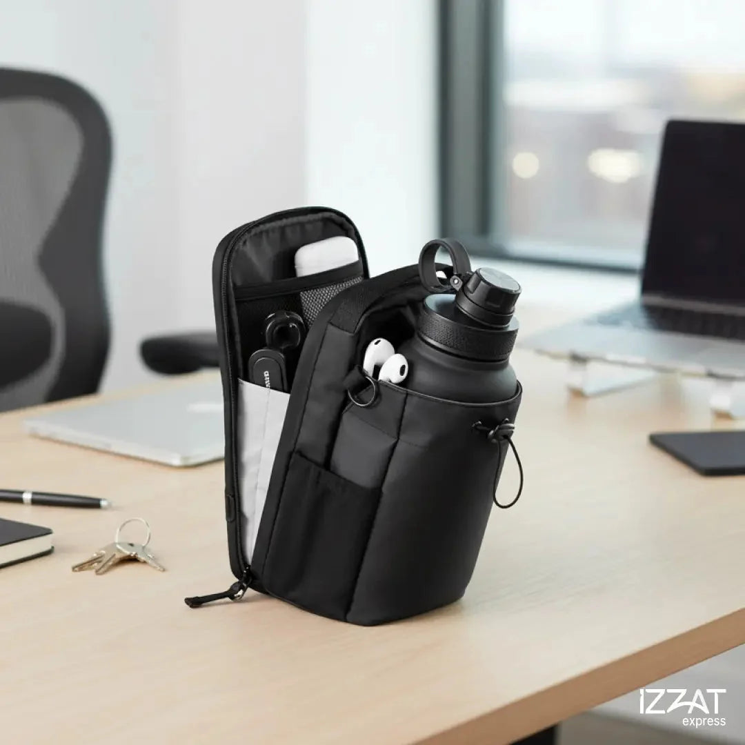 Tazzi IronGrip Gym Vault bag open on an office desk showing the magnetic closure detail and organized interior — demonstrates versatility for both gym and office professional use