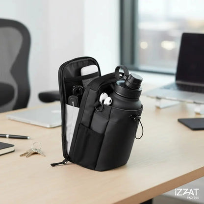Tazzi IronGrip Gym Vault bag open on an office desk showing the magnetic closure detail and organized interior — demonstrates versatility for both gym and office professional use