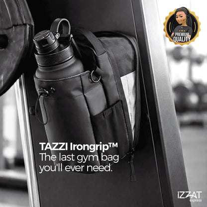 Hero lifestyle image of the Tazzi IronGrip Gym Vault bag fully organized in a gym setting — showing the magnetic closure, multiple compartments, and clean interior layout with gym gear neatly stored