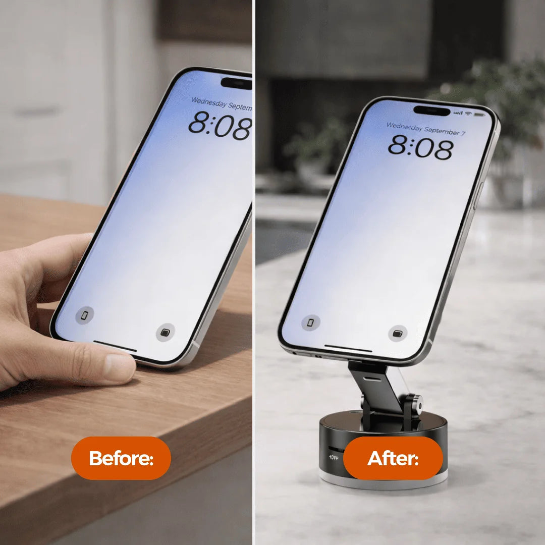 Before-and-after comparison: left side shows a hand awkwardly propping a phone on a wooden table, right side shows the same phone perfectly positioned on the Tazzi MagnaFold magnetic phone stand on a marble counter — dramatic improvement visual