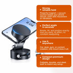 Benefits infographic for the Tazzi MagnaFold Phone Mount with four orange callout cards: 1) Strong reliable hold with powerful magnet + vacuum suction, 2) Perfect angle in seconds — rotate and tilt freely, 3) Use it anywhere — car, desk, gym, content creation, 4) Compact premium foldable design