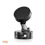 Tazzi MagnaFold Phone Mount in matte black colorway — white background product shot showing the full device: round black magnetic disc head, articulating metal arm, and black cylindrical vacuum suction base with ON/OFF switch