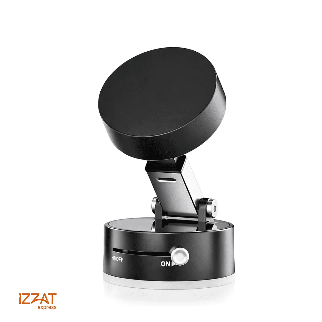 Tazzi MagnaFold Phone Mount in matte black colorway — white background product shot showing the full device: round black magnetic disc head, articulating metal arm, and black cylindrical vacuum suction base with ON/OFF switch