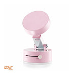 Tazzi MagnaFold Phone Mount in pastel pink colorway — clean white background product shot showing the round magnetic head fully extended on its articulating arm and cylindrical suction base with ON/OFF switch