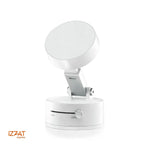 Tazzi MagnaFold Phone Mount in clean white colorway — white background product shot showing the round magnetic head extended on the adjustable arm and white cylindrical base with silver ON/OFF control