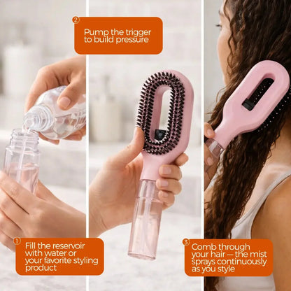 Three-step how-to-use visual guide for the Tazzi MistPro Spray Comb — step 1: fill with water, step 2: press spray button while combing, step 3: style with instant moisture and control
