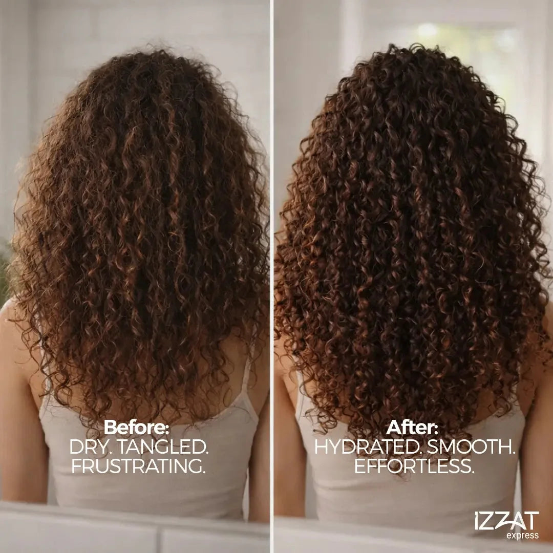Before-and-after split image showing dry, frizzy hair transformed into hydrated, smooth, shiny hair using the Tazzi MistPro Spray Comb — visual proof of moisture infusion and styling effectiveness
