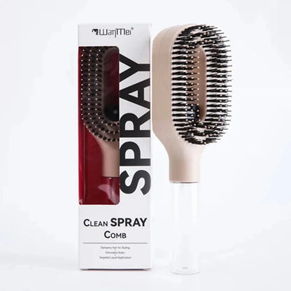 Tazzi MistPro Spray Comb in beige/nude color in the flat paddle brush style alongside its retail box — variant product image showing the rectangular brush head format with densely packed bristles