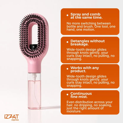 Benefits list graphic for the Tazzi MistPro Spray Comb — callout points highlighting: dampens hair for styling, eliminates static, targeted liquid application, and anti-frizz technology