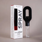 Tazzi MistPro Spray Comb in matte black colorway alongside its retail box labeled 'EFFORTLESS' — product variant shot on neutral background showing the sleek black finish and spray trigger detail