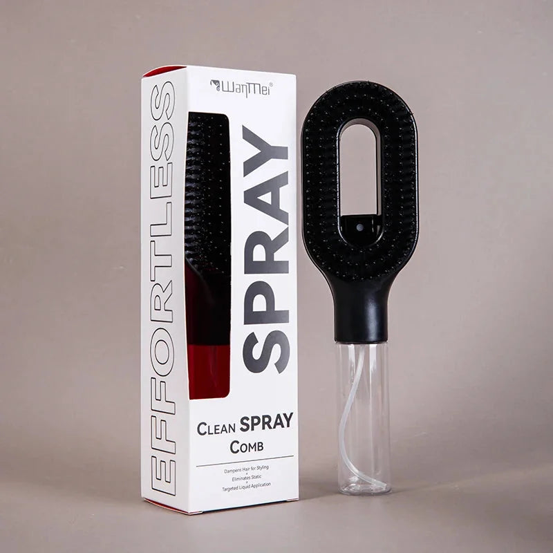 Tazzi MistPro Spray Comb in matte black colorway alongside its retail box labeled 'EFFORTLESS' — product variant shot on neutral background showing the sleek black finish and spray trigger detail