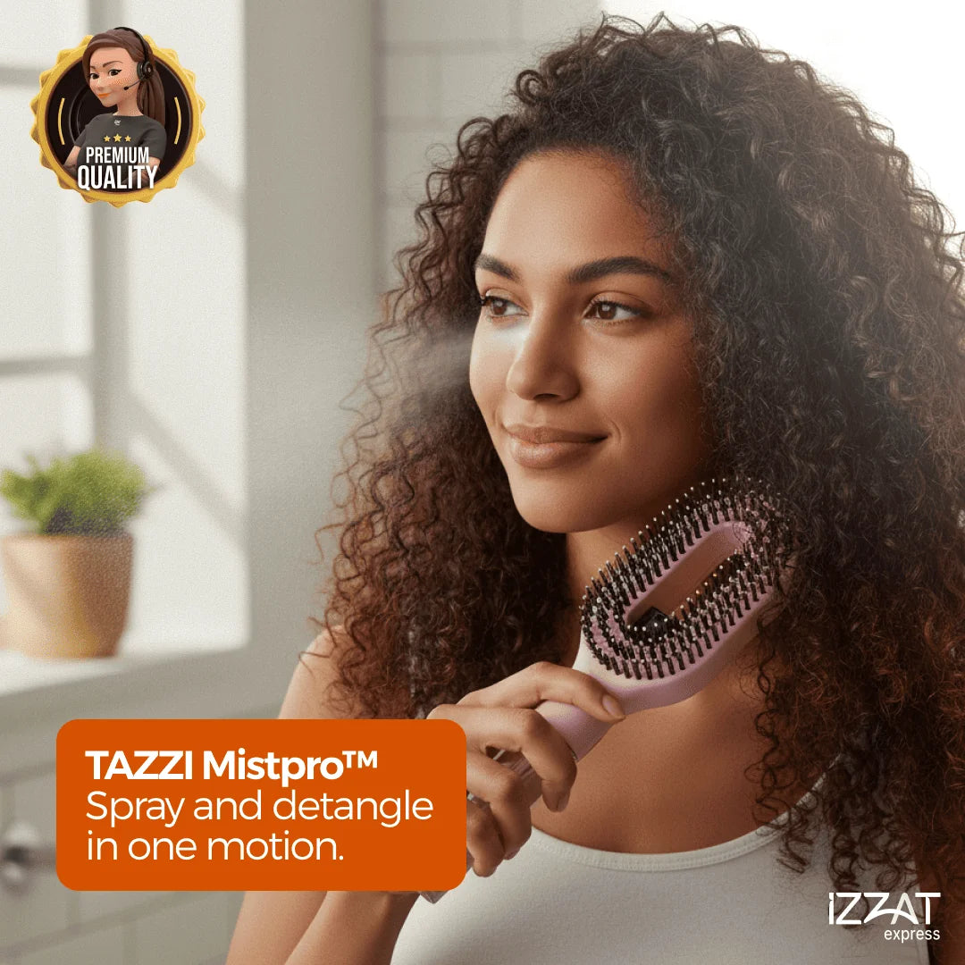 Hero lifestyle image of a woman with voluminous curly hair using the Tazzi MistPro Spray Styling Comb — showing the mist being applied while brushing, emphasizing hydration and frizz control results