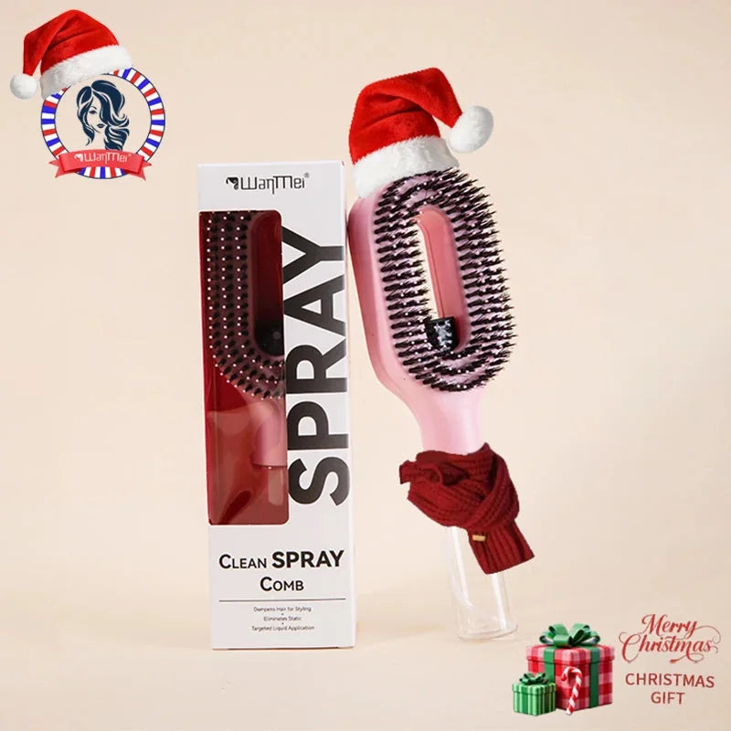 Tazzi MistPro Spray Comb in pink colorway styled as a Christmas gift — product wearing a Santa hat and red scarf with 'Merry Christmas Gift' text and festive decorations in the background