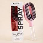 Tazzi MistPro Spray Comb in rose pink colorway alongside its retail box — elegant pastel pink variant product shot on cream background showing the ergonomic handle and spray reservoir
