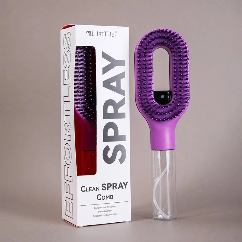 Tazzi MistPro Spray Comb in deep purple/violet colorway alongside its retail box labeled 'EFFORTLESS' — rich purple color variant product shot on gray background showing the unique oval brush head shape