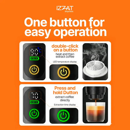 Visual breakdown of the three coffee modes available with the Tazzi Portable Espresso Maker — showing espresso, latte, and americano preparation options with drink icons and explanations