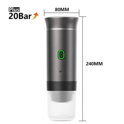 Tazzi Portable Espresso Maker 3-in-1 in charcoal gray colorway with dimensions labeled — color variant product image showing exact measurements and matte gray finish