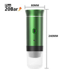 Tazzi Portable Espresso Maker 3-in-1 in forest green colorway with dimensions labeled — color variant product image showing exact measurements and compact size of the green edition