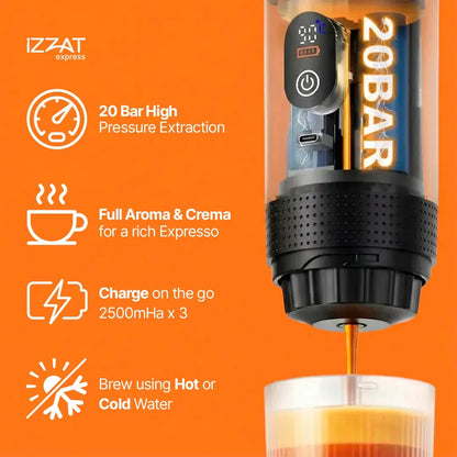 Side-by-side or split graphic showing the Tazzi Portable Espresso Maker working in both hot and cold brew modes — illustrating versatility for iced lattes, hot espresso, and cold beverages