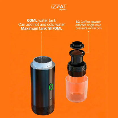 Tazzi Portable Espresso Maker shown against a bold orange background with labeled callouts for water tank capacity, pressure specs, and key technical features — infographic-style product image