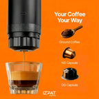 Step-by-step how-to-use guide for the Tazzi Portable Espresso Maker showing one-button operation — simple numbered steps: fill water, add capsule or ground coffee, press button, enjoy espresso