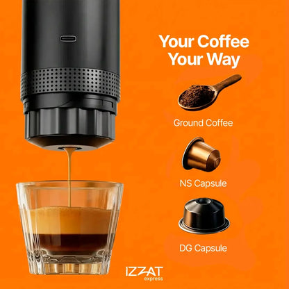 Step-by-step how-to-use guide for the Tazzi Portable Espresso Maker showing one-button operation — simple numbered steps: fill water, add capsule or ground coffee, press button, enjoy espresso