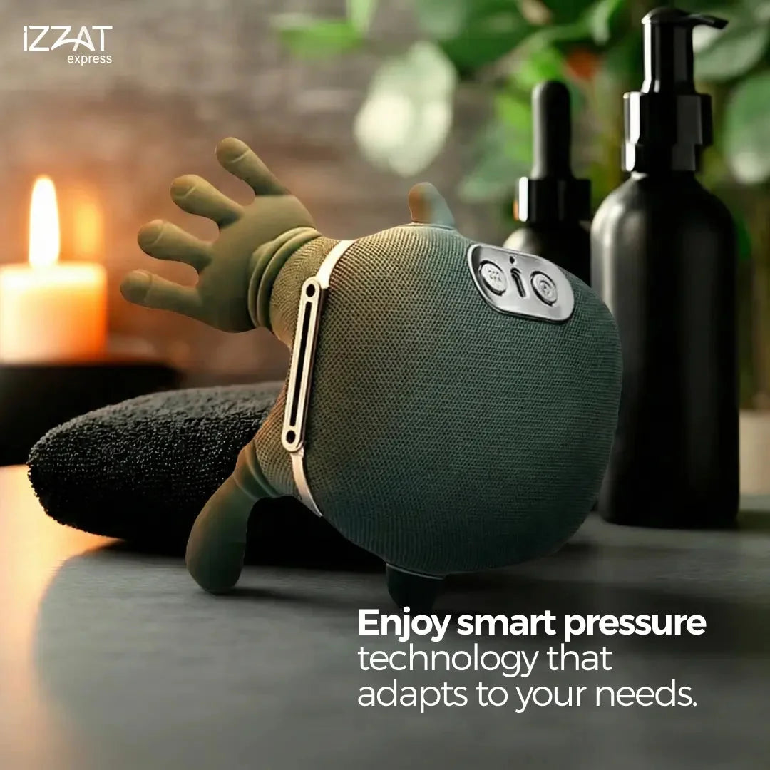 Tazzi RelaxingTouch massager displayed in a luxurious spa-like setting with candles and soft lighting — lifestyle image evoking relaxation, self-care, and premium wellness experience