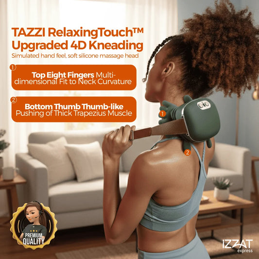 Hero lifestyle image of the Tazzi RelaxingTouch neck and shoulder massager worn around the neck, highlighting the 4D kneading nodes with callout text describing the deep-tissue massage technology and hands-free design
